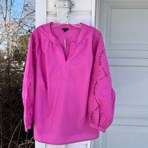 NWT Talbots Pretty Pink Embroidered Floral Lace Long Sleeve Cotton Blouse